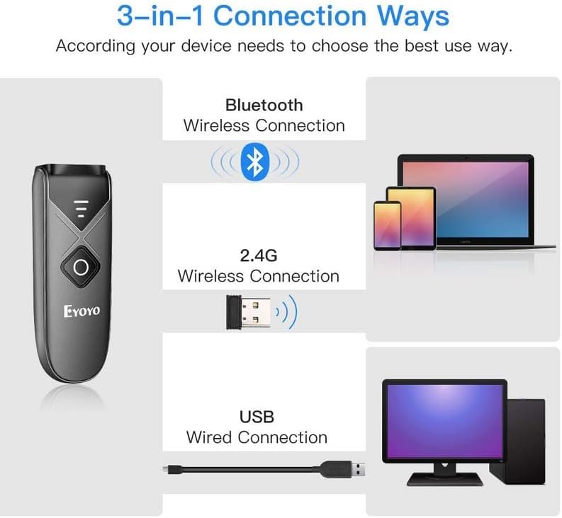 Eyoyo 2-Pack Mini QR 2D&1D Bluetooth Barcode Scanner Portable Wireless Barcode Reader with USB Wired/Bluetooth/ 2.4G Wireless Connection for Phone, Android, Tablet, Laptops