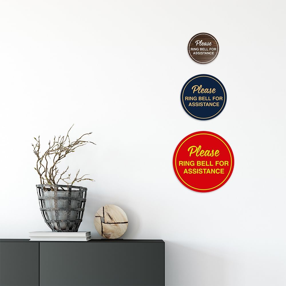 Signs ByLITA Circle Please Ring Bell For Assistance Wall or Door Sign | Easy Installation | Front Desk Reception Sign (Red) - Large (5 Pack)