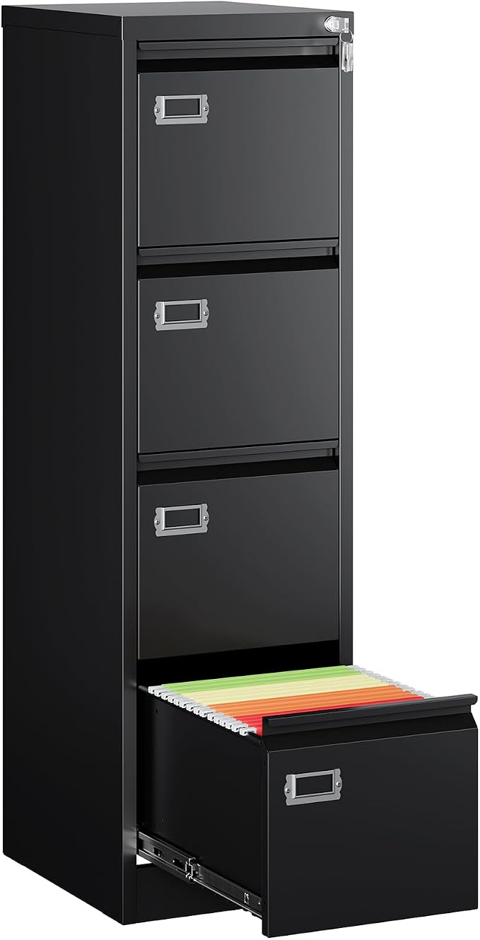 MIIIKO 4 Drawer File Cabinet with Lock, Metal File Cabinets for Home Office,Vertical Filing Cabinets Office Storage Cabinet for Letter,Legal,A4,File Folders(Black)