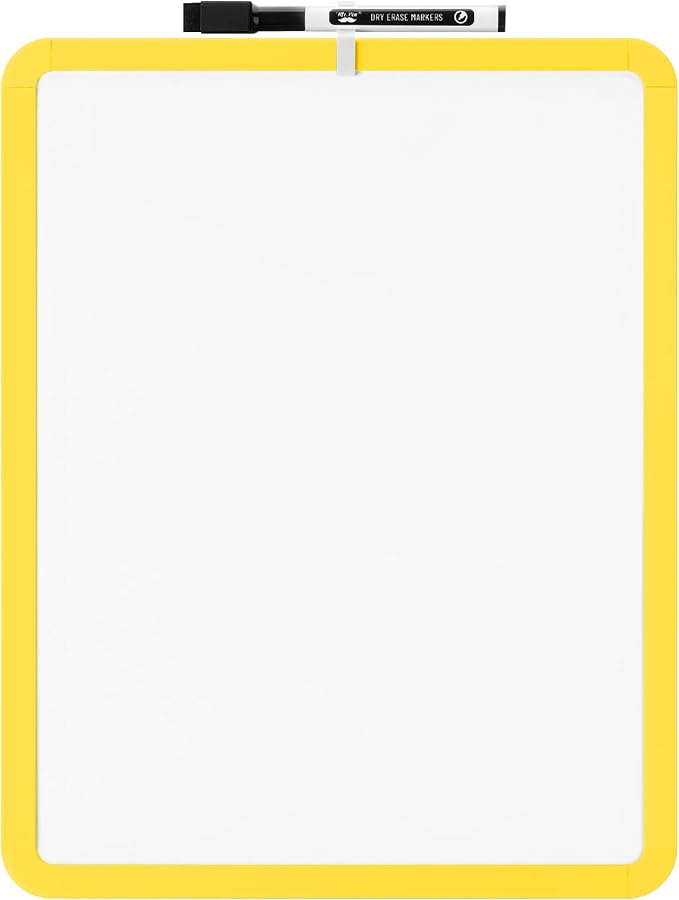 Mr. Pen- Dry Erase Board, 14” x 11” with a Black Dry Erase Marker | Yellow Frame, Small Mini White Board for Students, Fridge, Wall, Locker, Includes Double Sided Tapes