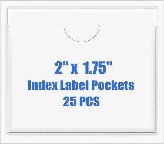 Origin-Joy 25 PCS Self-Adhesive Index Label Pockets, Clear Plastic Peel & Stick Card Holders with Top Open for Loading (2 x 1.75 inch)