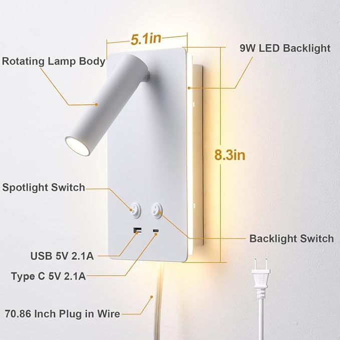 MOLUOLA LED Wall Lamp Wall Mounted Reading Lights, Adjustable Headboard Plug in Wall Sconce with USB C+A Ports, Headboard Bedside Lamp with 9W+3W Night Light 3000K (White)