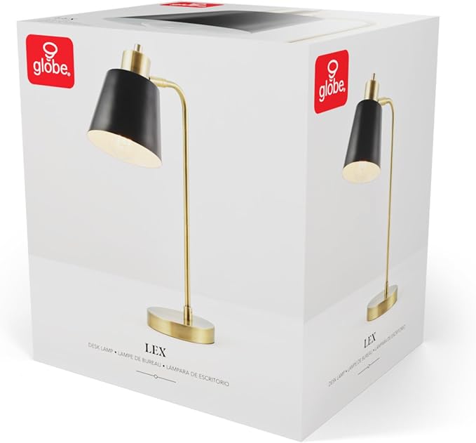 Globe Electric 18" Matte Brass Desk Lamp with Matte Black Metal Shade | Adjustable pivot joint, metal shade, rotary switch, requires 1 E26 60W bulb (sold separately), 61000055
