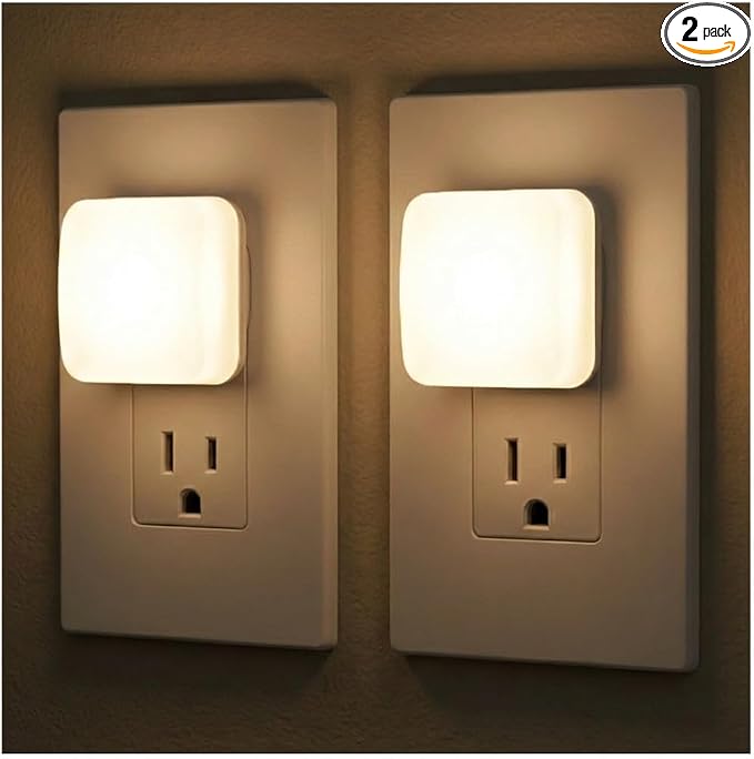 Lights by Night Mini Square LED Night Light, Plug in, Dusk to Dawn Sensor, Warm 3000K, Compact Single Outlet Design (Doesn’t Block 2nd Outlet), Ambient Lighting, Bedroom, Bathroom, 2 Pack, 82487