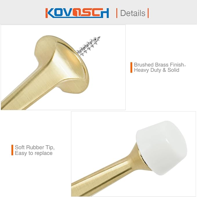 2 Pack Gold Solid Rigid Door Stops - Heavy Duty Door Stoppers Wall Protector with Soft Rubber Tips, Brushed Brass