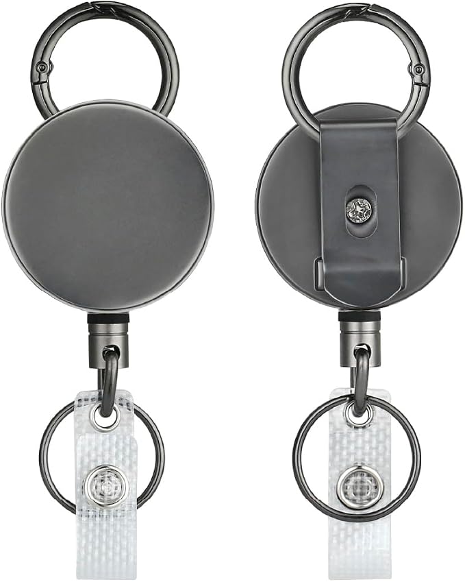 Will Well ID Badge Holder Reel with Clip and Keyring - Heavy-Duty All-Metal Casing with 27.5" UHMWPE Fiber Pull Cord for Durability and Easy Access, Holds up to 8 Keys - 2-Pack, Round, Glossy Silver | ID Badge Holder Reel with Metal Casing with 27.5"UH...