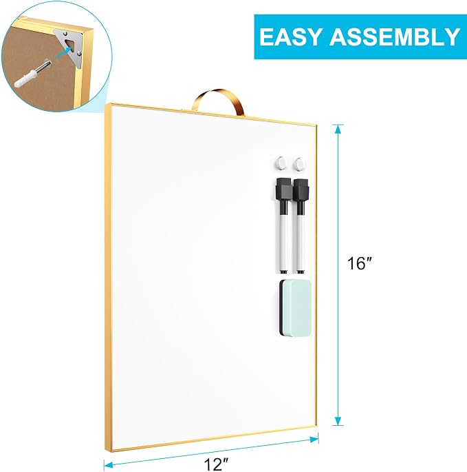 Small White Board - 16" X 12" Portable Gold Aluminum Framed Whiteboard, Magnetic Dry Erase Board with a Handle, to Do List Notepad for Office, Home, School