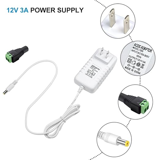 12V Power Supply, 12 Volt 3A 36W DC Power Supply, White LED Power Adapter, AC 110V to 12V Wall Mounted Transformer Plug for LED Strip Lights with 5.5/2.1 DC Female Connector, 3 Pack