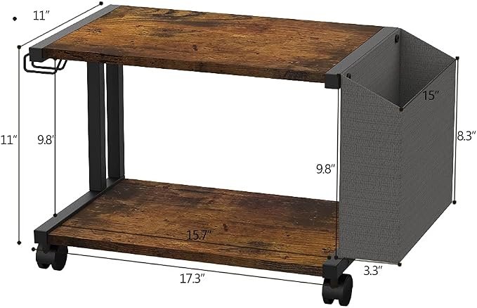 VEDECASA 2 Tier Rustic Brown Wooden Under Desk Printer Stand with Storage Bag for Home Office Desktop Printer Table Organizer Mobile Printer Shelf Cart with Caster Wheel