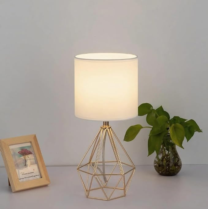 Gold Modern Hollow Out Base Bedroom Small Table Lamp,Bedside Nightstand Lamp with Geometric Metal Base White Fabric Shade,Cute Desk Lamp for Kids Living Room