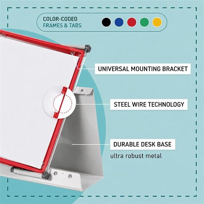 Tarifold Desktop Reference Display System, 10 Pockets, Expandable, Red | 10 double-sided PVC pockets, holds 20 letter-size sheets, sturdy metal base, quick-find indexing, quick and easy to assemble