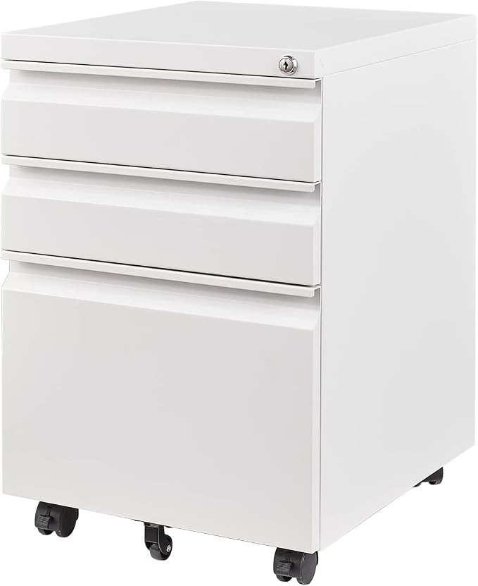 3 Drawer Mobile File Cabinet with Lock, White Under Desk Rolling Filing Cabinet, Metal Locking File Cabinet on Wheels for Legal/Letter/A4 File (Required Assemble)