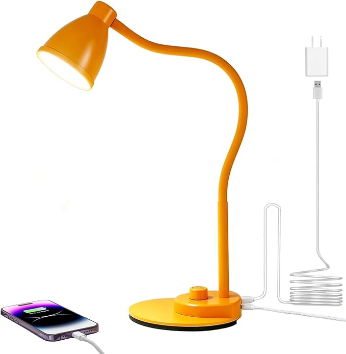 BOHON LED Desk Lamp with USB Charging Port 3 Color Modes Fully Dim, Yellow | Reading Lamp, Auto Dimming Task Lamp, Flexible Neck Table Light for Home Office Dorm Bedside, Bright Yellow