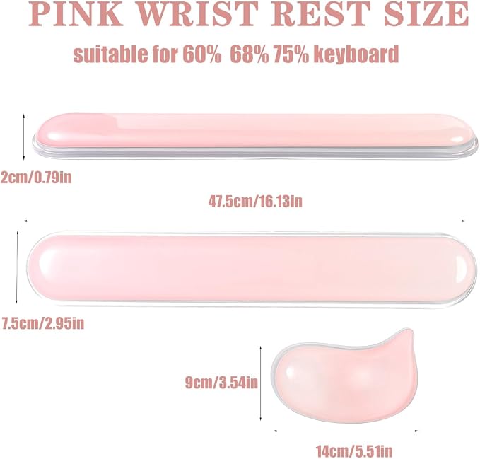 Gel Keyboard and Mouse Wrist Rest Set –Pink Clear Wrist Rest for Computer Keyboard 60%/68%/75%, Comfort & Support for Typing and Gaming