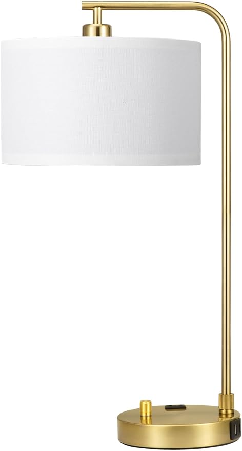 Innqoo Gold Table Lamp with USB Port and Outlet, Dimmable Nightstand Bedside Lamps with Linen Lampshade, Desk Lamp for Bedroom, Living Room, Guest Room, Home Office, LED Bulb Included