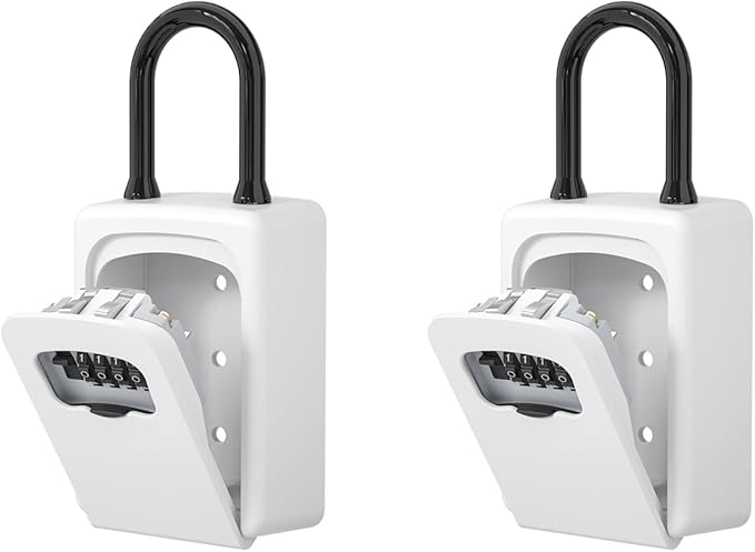 Portable Key Lock Box, Upgrade Clearly Visible Numbers, Lock Box Wall Mounted for House Key, 5 Key Capacity, Weatherproof Resettable Code (White, 2)