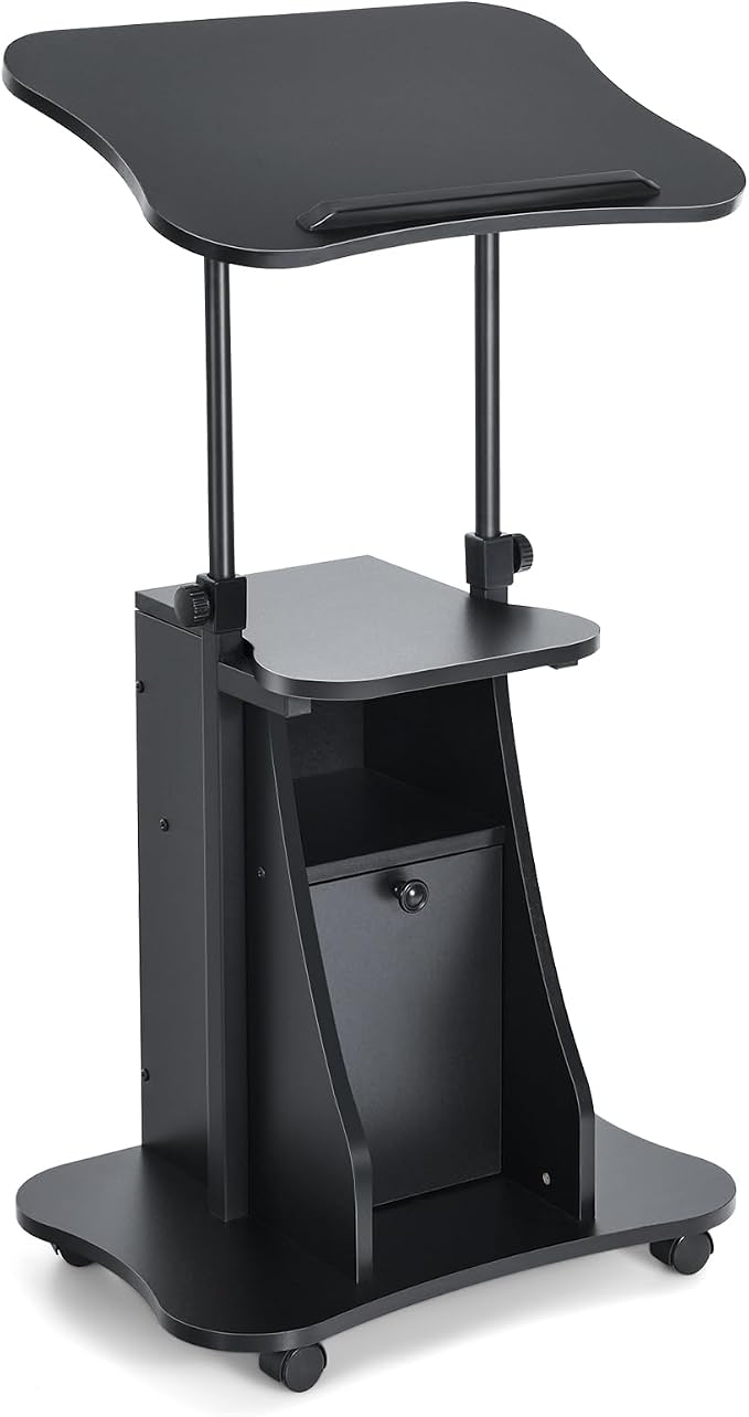 Tangkula Mobile Laptop Podium, Height Adjustable Sit to Stand Desk with Tilting Desktop & Storage Cabinet, Ergonomic Rolling Lectern Cart Laptop Desk, Office Podium Stand on Wheels
