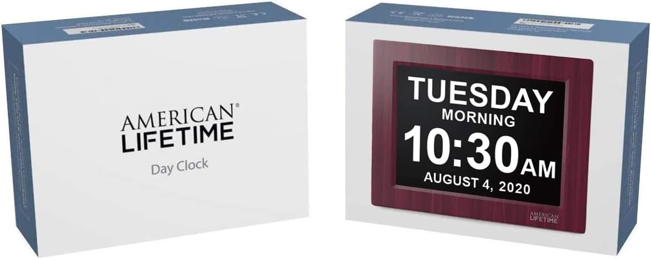 American Lifetime, Upgraded Version, Day Clock Extra Large Impaired Vision Digital Clock with Battery Backup and 5 Alarm Options, Premium Mahogany Color, 8 inch