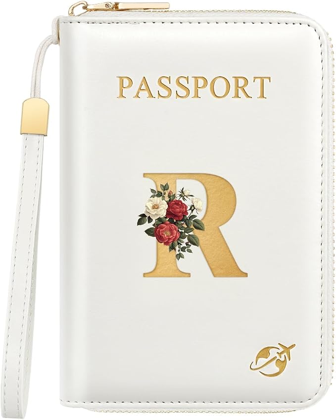 Passport Holder for Travel Personalized Wallet with Wristlet Women | All-in-One Passport Cover, RFID Blocking, Back Coin Pocket, Paper Money Slot, Zipper Closure, Roses Initial Letter, White R