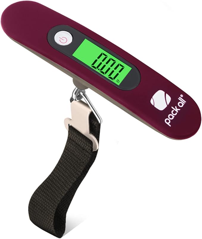 pack all Digital Luggage Scale for Travel, 110Lbs Capacity, 0.1Lb Precision | Handheld, Backlit LCD Display, Lb/Kg/Oz/g Conversion, Tare Function, Battery Included, Red