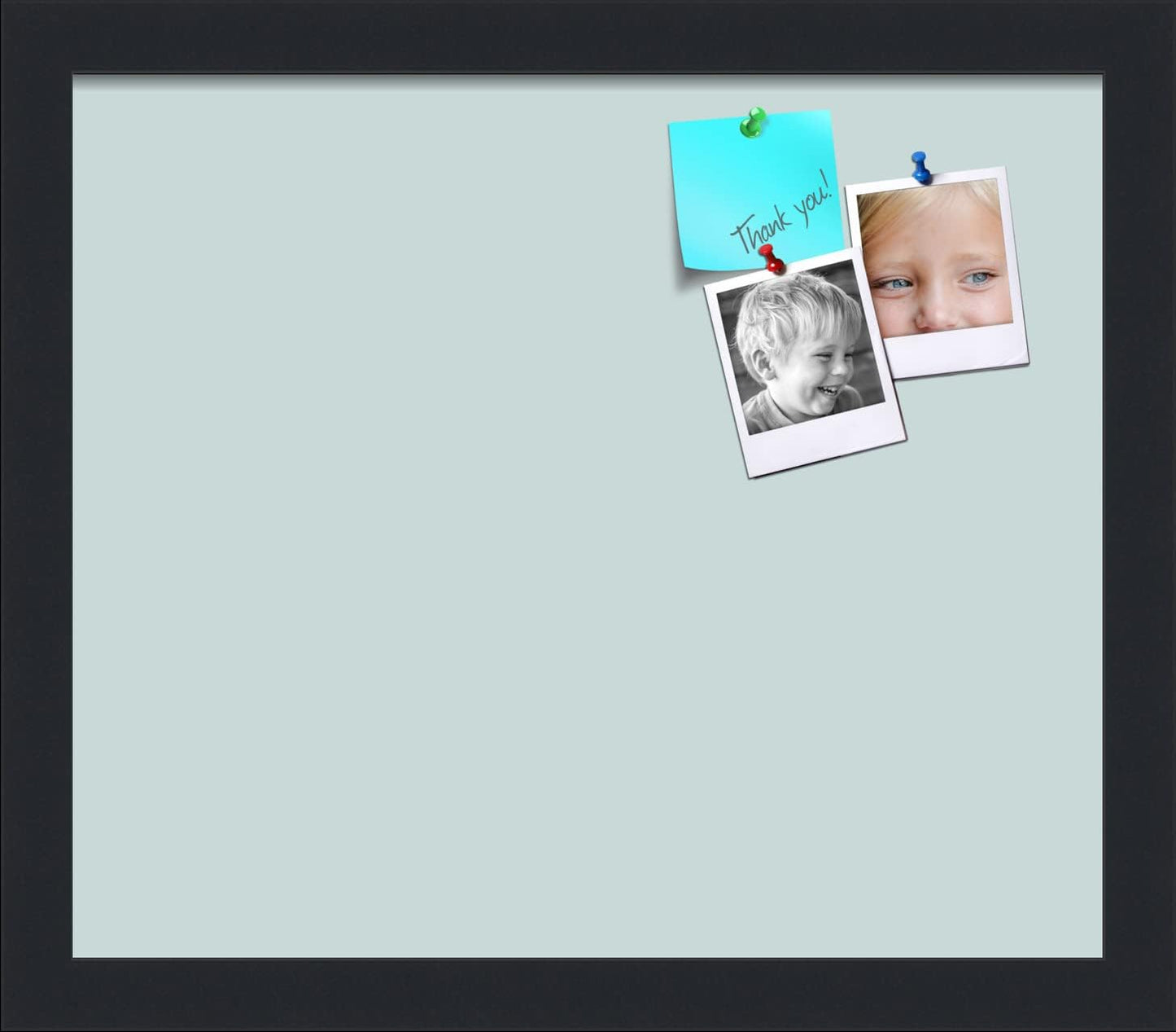 PinPix 14x12 Inch Cork Bulletin Board. This Decorative Framed Pin Board Comes with Soft Blue Design and a Satin Black Frame. Ideal for Home Office Decor or Message Board (PinPix-1814)