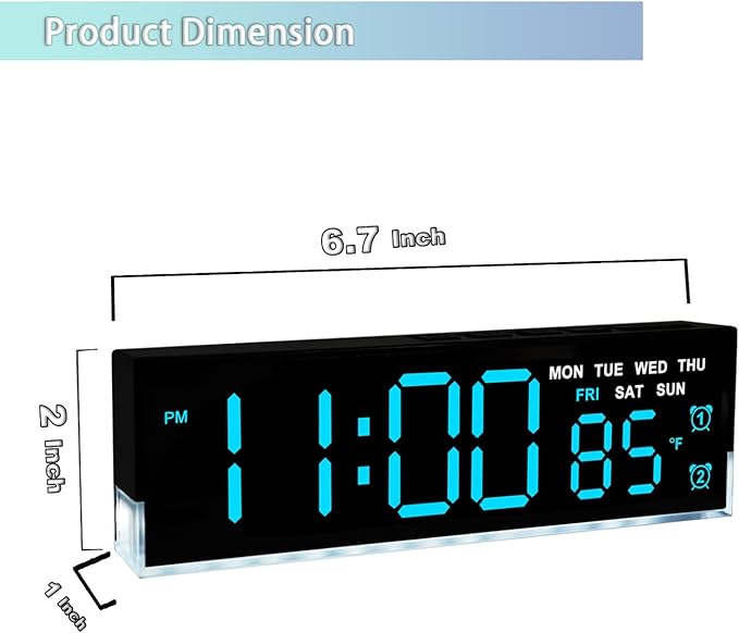 zyzamay 7 Inch Modern LED Digital Alarm Clock with Dual Alarms & Soft Bottom Light｜Displays Time, Date, Day, Temperature｜3-Level Auto/Manual Brightness, DST, USB or Battery Powered Desk Clock,Blue
