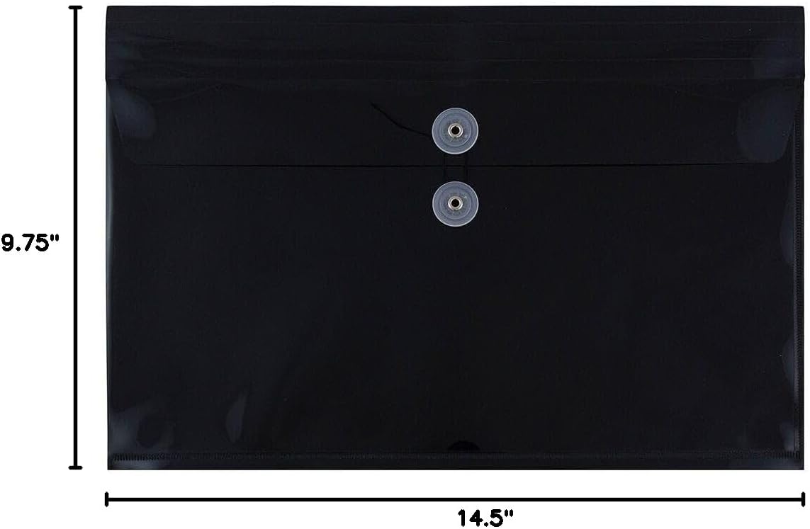 JAM PAPER Plastic Envelopes with Button & String Tie Closure - Legal Booklet - 9 3/4 x 14 1/2 - Black - 3/Pack