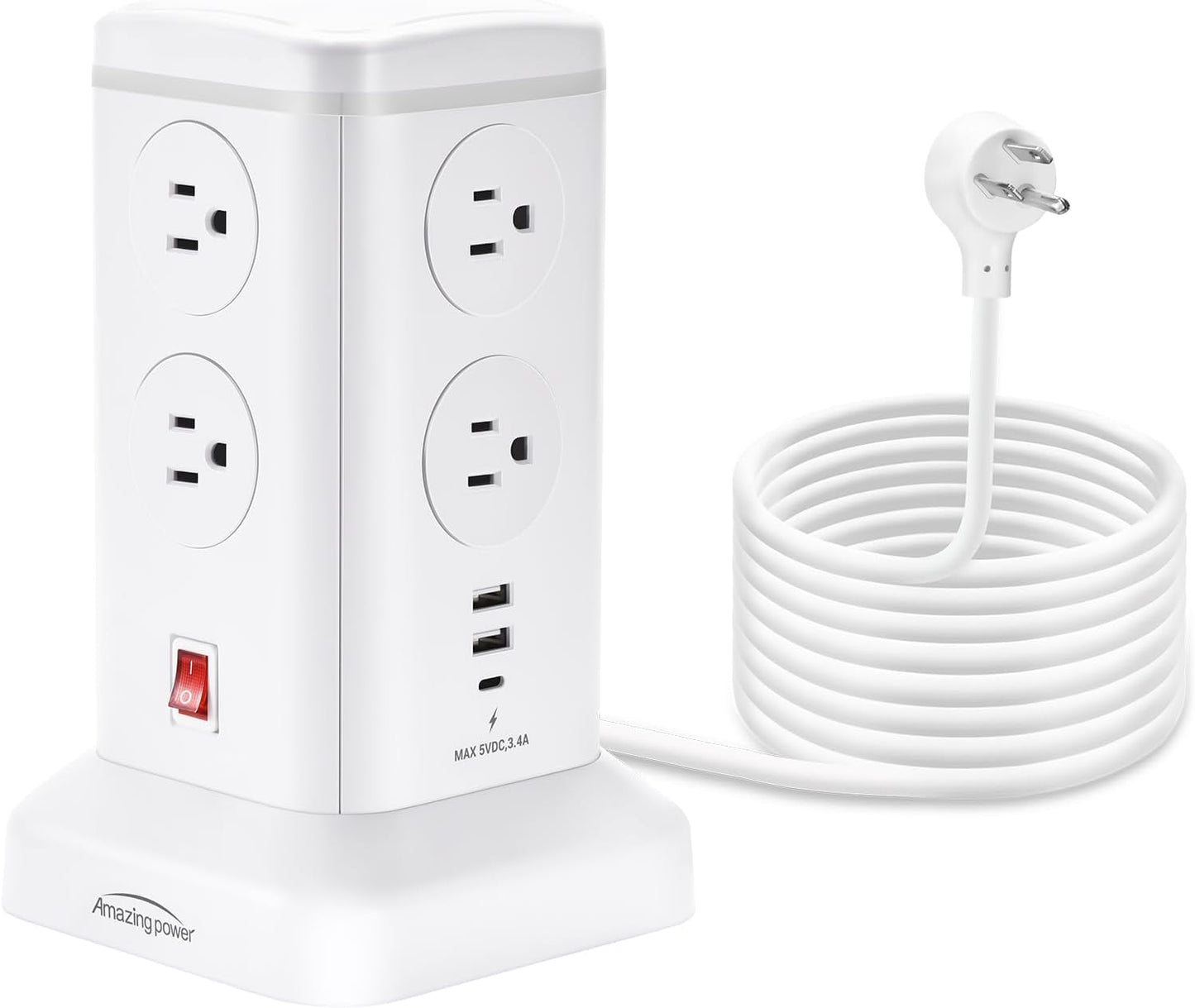 6.5Ft Surge Protector Power Strip Tower - 8 AC Outlets & 6 USB Ports Multi-Device Charging Station with Overload Protection, for Home/Office/Dorm