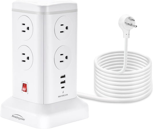 6.5Ft Surge Protector Power Strip Tower - 8 AC Outlets & 6 USB Ports Multi-Device Charging Station with Overload Protection, for Home/Office/Dorm