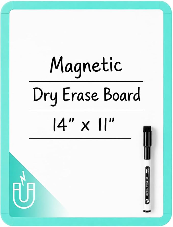 Mr. Pen- Dry Erase Board, 14” x 11” with a Black Dry Erase Marker | Aqua Blue Frame, Small Mini White Board for Students, Fridge, Wall, Locker, Includes Double Sided Tapes