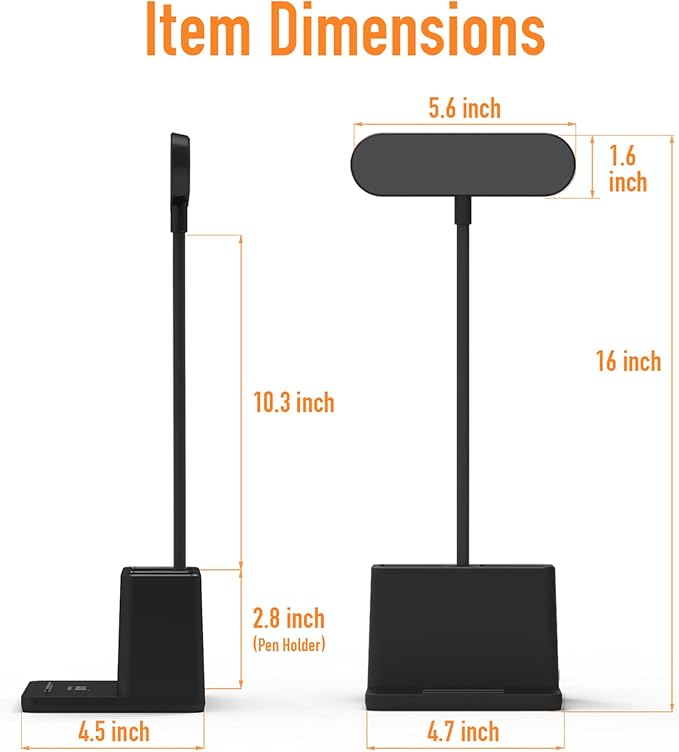 Black LED Desk Lamp, Battery Operated Small Table Light for Dorm Room | Rechargeable, Battery-Powered, Cute, Dimmable, Gooseneck, Pen Holder, Touch Control, for Home Office Bedroom Desktop