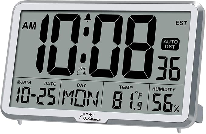 WallarGe Auto Set Digital Wall Clock Battery Operated, Desk Clocks with Temperature, Humidity and Date, Large Display Digital Calendar Alarm Clock for Elderly, Bedroom, Office, 8 Time Zone, Auto DST.