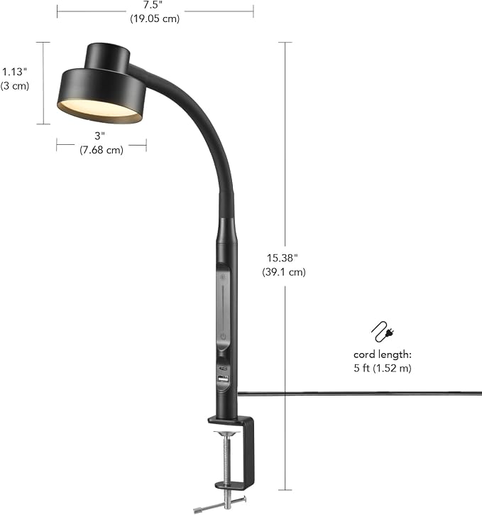 Globe Electric 15" LED Integrated Matte Black Clamp Desk Lamp with Adjustable Silicone Gooseneck