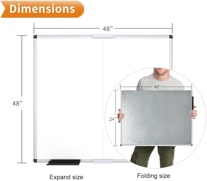 VIZ-PRO Large Magnetic Dry Erase Whiteboard, 48 x 48 Inches, Foldable | Silver Aluminum Frame, 4' x 4' Wall-Mounted White Board with Marker Tray for School Office and Home