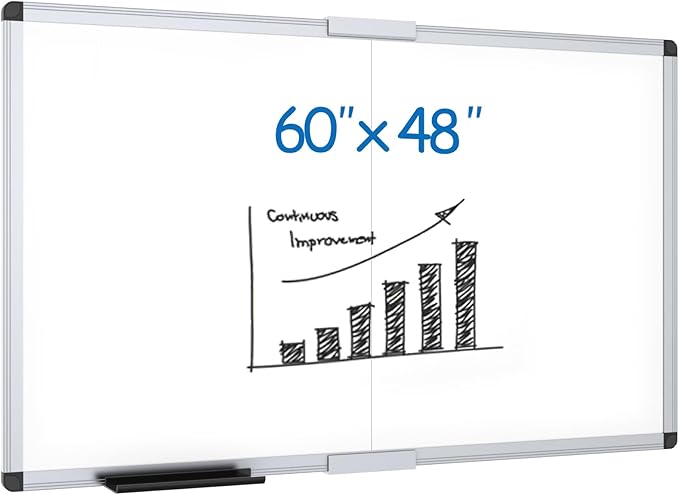 VIZ-PRO Large Magnetic Dry Erase Whiteboard, 60 x 48 Inches, Foldable | Silver Aluminum Frame, 5' x 4' Wall-Mounted Board with Marker Tray for School Office and Home