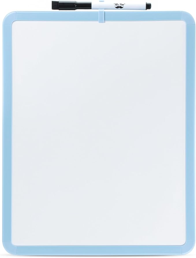 Mr. Pen- Dry Erase Board, 14” x 11” with a Black Dry Erase Marker | Blue Frame, Small Mini White Board for Students, Fridge, Wall, Locker, Includes Double Sided Tapes