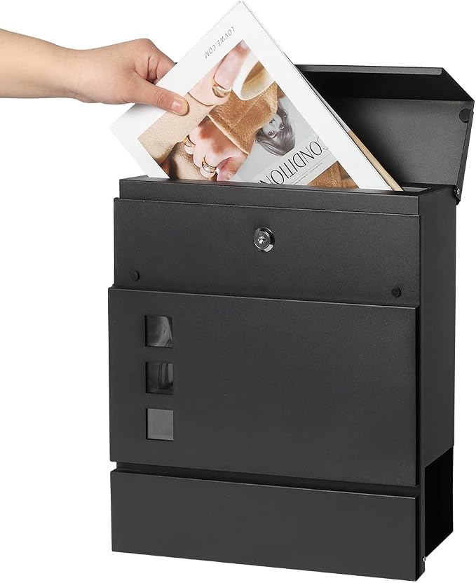 Decaller Large Capacity Mailbox with Key Lock, Wall Mount Metal Mail Box with Newspaper Compartment for Outside, 14.4" x 13" x 4.2", 939 Black