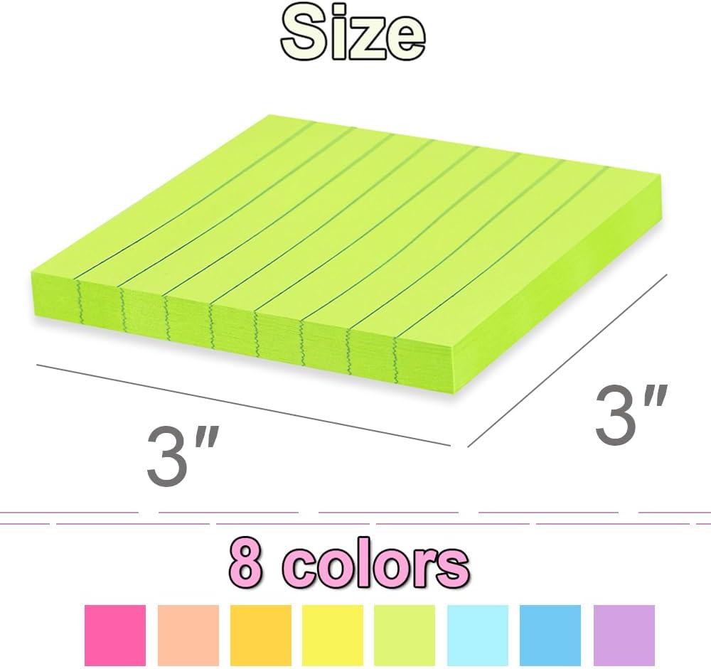 (16 Pack) Lined Sticky Notes 3x3 in Ruled Stickies Super Sticking Power Memo Pads Bright Colors