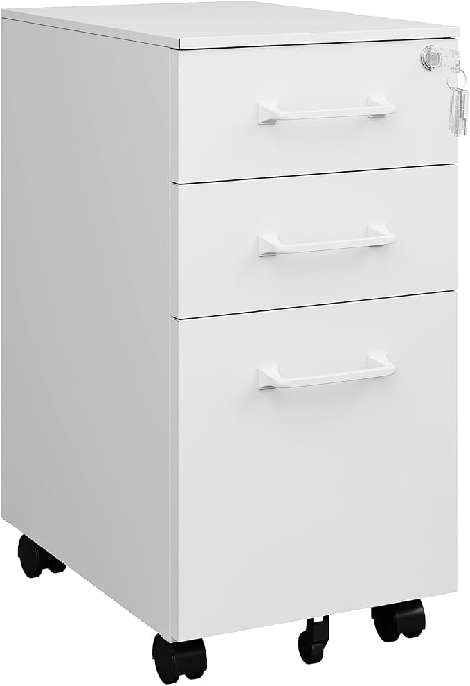 MIIIKO White Filing Cabinet 3 Drawers Under Desk, Metal File Cabinet with Lock for Home Office, Small Mobile File Cabinet for Letter Legal File Folders（Un-Assembled）