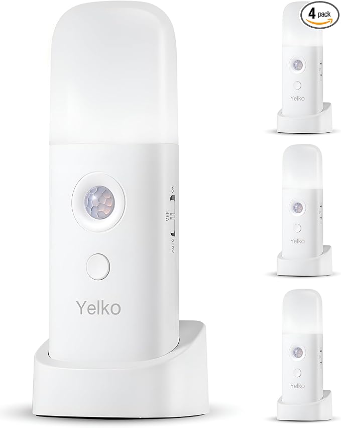 YELKO Rechargeable Motion Sensor Night Light, Battery Operated nightlights, Dimmable Motion Sensor Light Indoor, Cordless Motion Activated Night Lights for Adults, Hallway (Cool White 4Pack)