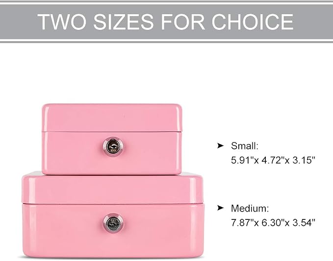 Kyodoled Medium Cash Box with Money Tray,Small Safe Lock Box with Key, Drawer,7.87"x 6.30"x 3.54" Pink