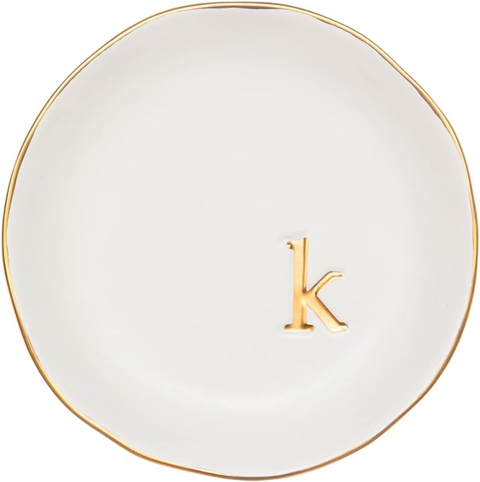 COLLECTIVE HOME Ceramic Jewelry Tray, Trinket Dish, Gifts for Women (K) | Mother's Day, Birthday, Christmas, Engagement Gifts, Vanity, Nightstand Decor, Embossed Gold Monogram Ring Dish with Gift Box