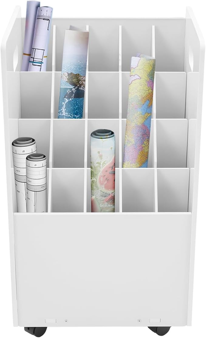 20 Slots Blueprint Storage Organizer, Mobile Roll File Cart, Construction Plan Holders, Blue Print Cabinet with Wheels, Roll Files Storage for Office Home School (White, 20 Slots)