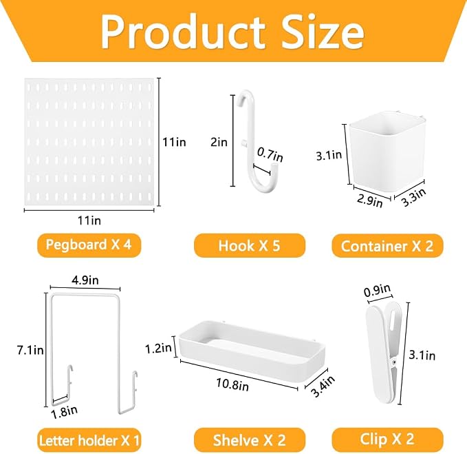 16pcs Pegboard Sets, Plastic White Peg Board Wall Organizer Kits | 4pcs Peg Board and 12 Accessories Modular Hanging Wall Mount Display Pegboard Sets for Home Office Garage Kitchen Workshop