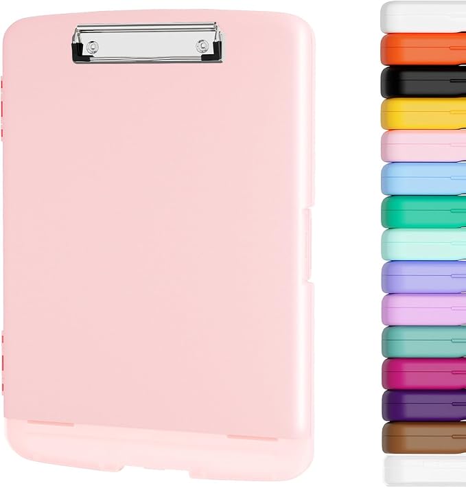Piasoenc Clipboard with Storage, 8.5 x 11 Clip Board with Pen Holder, Pink | High Capacity, Heavy Duty Plastic Organization Box for A4 Legal Paper Folder, Folio & Side-Opening Nurses, Teachers, Student
