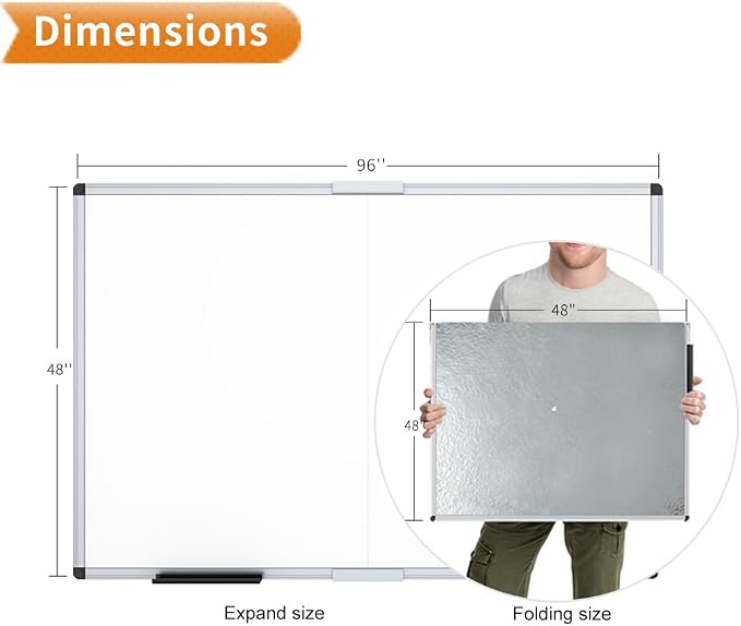 VIZ-PRO Large Magnetic Dry Erase Whiteboard, 96 x 48 Inches, Foldable | Silver Aluminum Frame, 8' x 4' Wall-Mounted White Board with Marker Tray for School Office and Home