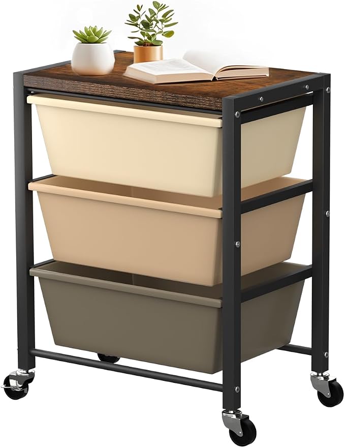 Rolling Cart with 3 Drawers, Plastic Drawer Storage Carts with Lockable Wheels & Wooden Tabletop, Metal Utility Cart Organizer, Office Bedroom Classroom Craft Organization and Storage, Dark Brown