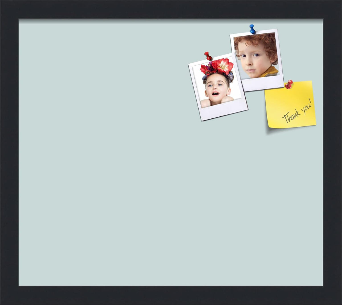 PinPix 16x14 Inch Cork Bulletin Board. This Decorative Framed Pin Board Comes with Soft Blue Design and a Satin Black Frame. Ideal for Home Office Decor or Message Board (PinPix-1814)