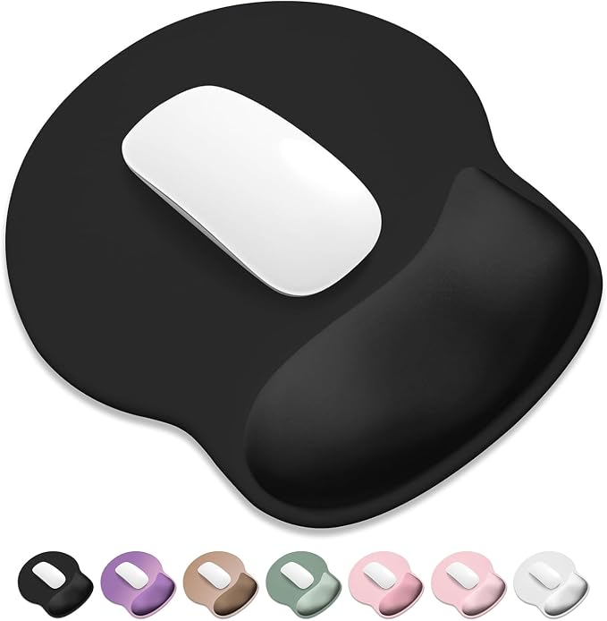 ITNRSIIET Ergonomic Mouse Pad with Wider Memory Foam Wrist Rest +17% - Curved Cushion Reduces Pressure 20%, Pain Relief, Non-Slip, Smooth, Cute Colors, 9.85 x 9 in, Black