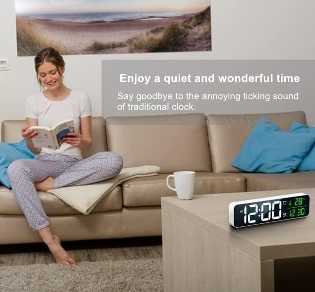 Digital Clock, Clock for Bedroom, Clocks for Living Room Decor, Desk Table Clock, Alarm Clock Large Display with Date Week Temperature, Automatic Brightness Dimmer, Smart Cool Modern (White Green)